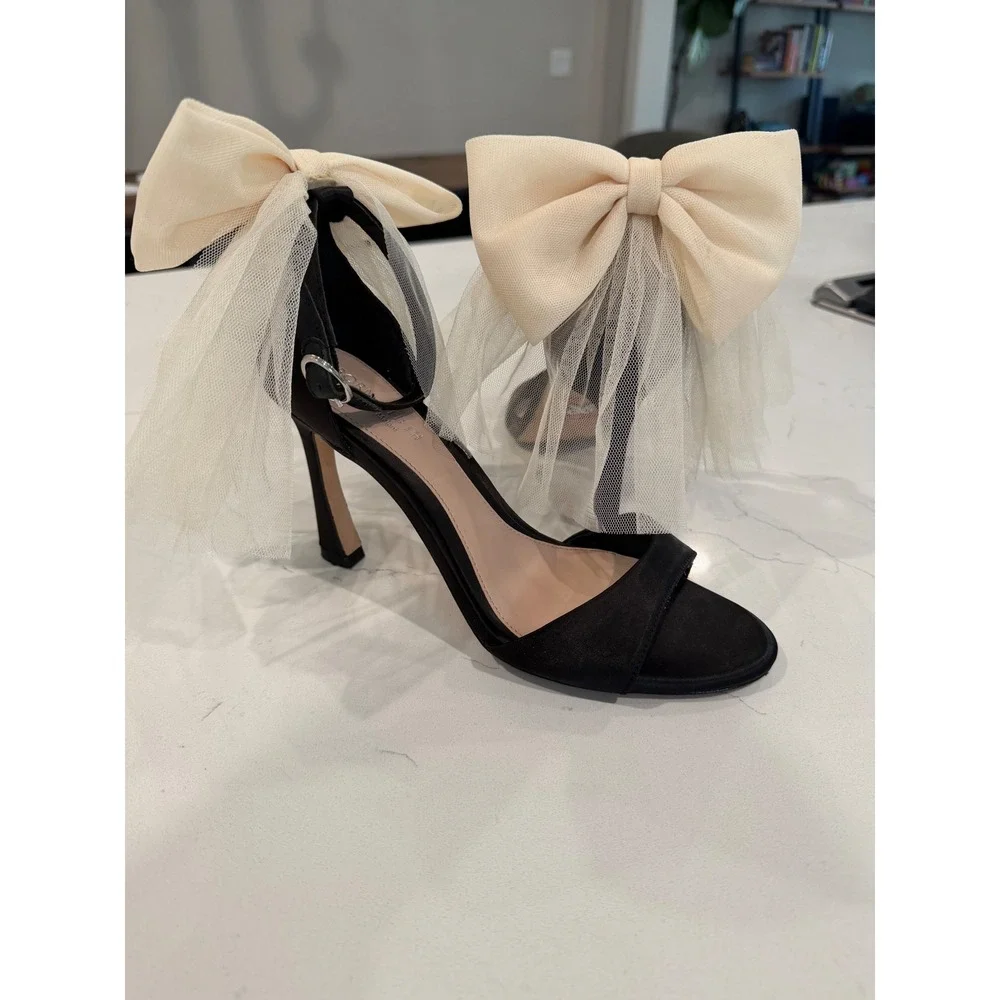 Born on Fifth for Antonio Melani Black Satin Bow Tulle Veil Heels 7.5M 4